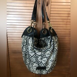 Lucky Brand Purse Large Black and White Canvas Hobo Slouchy Shoulder Bag